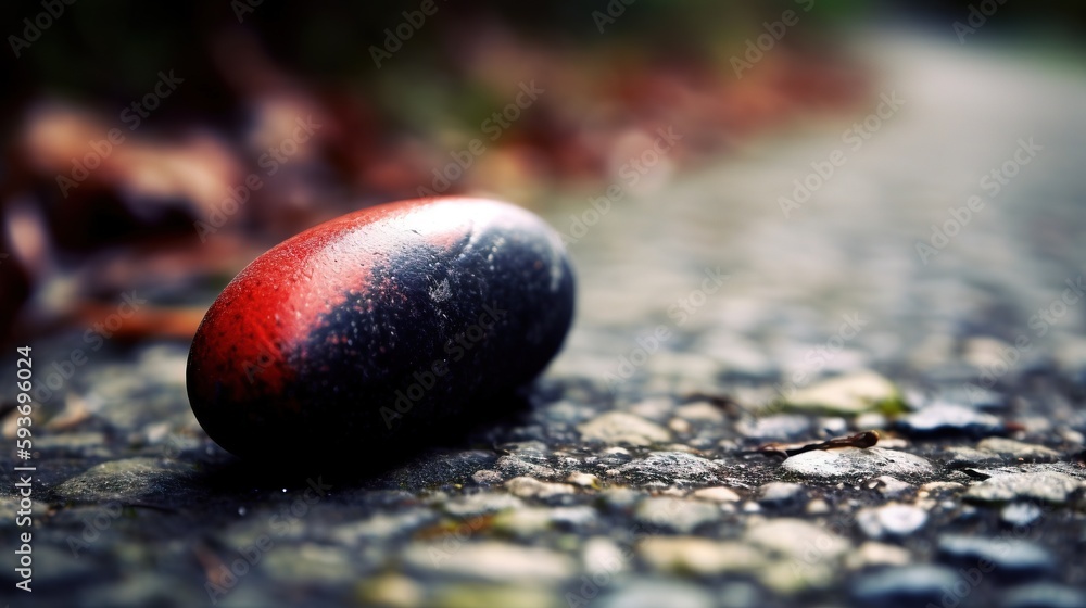 Poster a red and black object laying on the ground next to a tree. generative ai