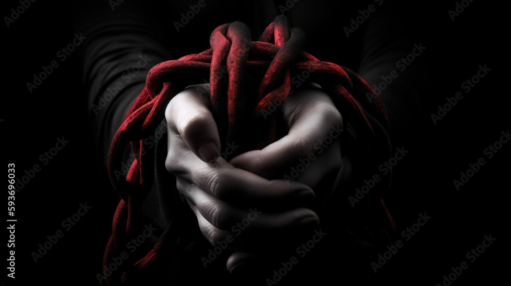 Poster a person holding a red object in their hands in the dark. generative ai