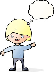 cartoon waving boy with thought bubble