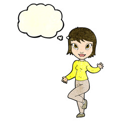 cartoon pretty woman waving with thought bubble