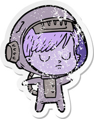 distressed sticker of a cartoon astronaut woman