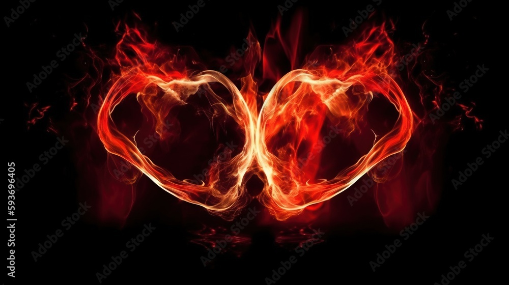Poster a red heart shaped object on a black background with fire. generative ai