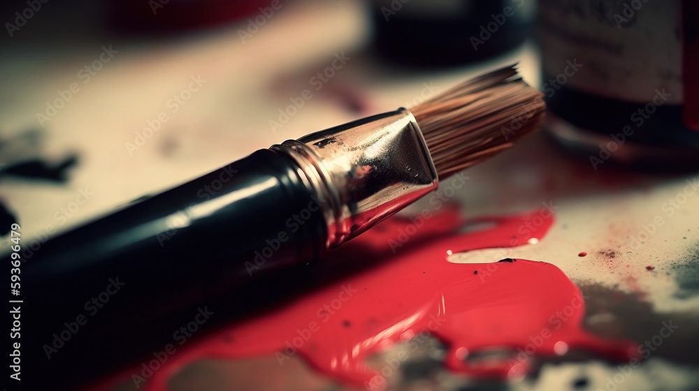 Poster a close up of a brush with red paint on it. generative ai