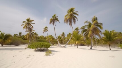 Obraz na płótnie Canvas a sandy beach with palm trees and a bush of bushes. generative ai