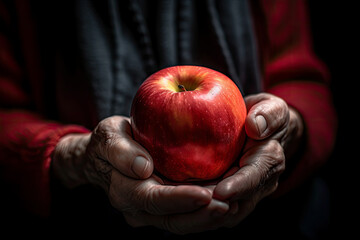 Old woman's hands holding a fresh red apple