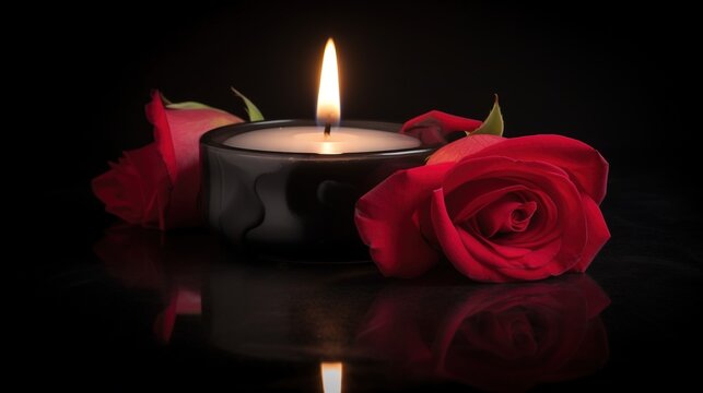  a candle and a rose on a black background with a reflection.  generative ai