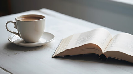 A coffee stands on a wood table next to the books (AI Generate)