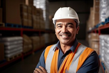 warehouse worker iat work while smiling a the camera. Generative AI