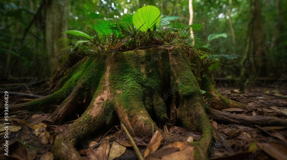 Poster a tree stump with moss growing on it in a forest. generative ai