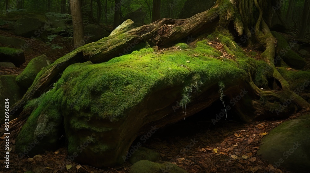 Poster a moss covered rock in the middle of a forest filled with trees. generative ai