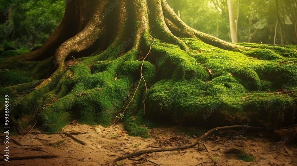 Poster a moss covered tree in the middle of a forest filled with trees. generative ai