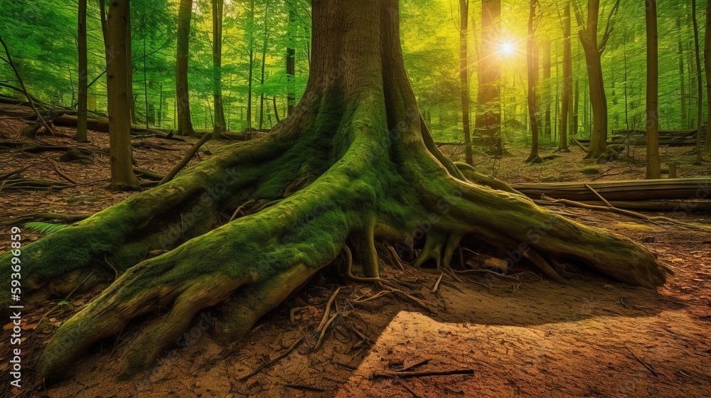 Poster a large tree with its roots exposed in a forest with the sun shining through the trees. generative a
