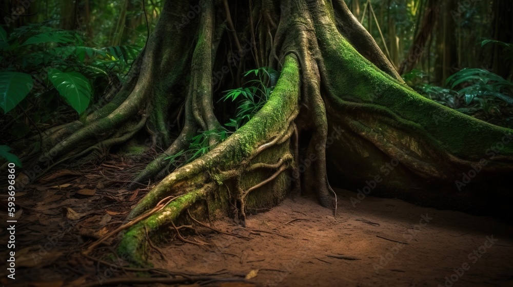 Poster a large tree that is growing in the middle of a forest. generative ai