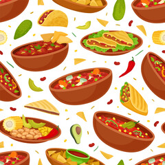 Traditional Mexican Food Seamless Pattern Design with Different Served Dish Vector Template