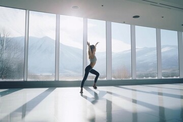 Fototapeta na wymiar young beautiful woman doing yoga in a modern bright room with large windows at sunny day. Yoga at home concept. Ai generated.