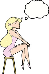 cartoon woman sitting on stool with thought bubble