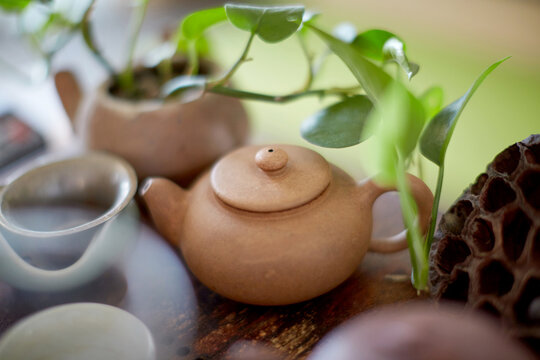Close up traditional Chinese kung fu tea pot on tea table at home