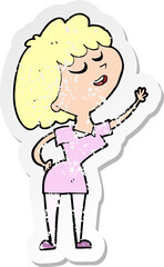 retro distressed sticker of a cartoon happy woman about to speak