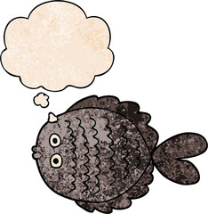 cartoon flat fish and thought bubble in grunge texture pattern style