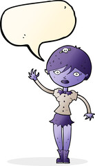 cartoon vampire girl waving with speech bubble