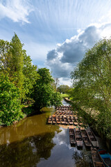 Punting moored in a row at River  Cherwell ,UK