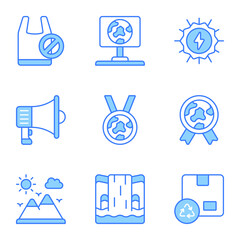 World mother earth day related icons set such as, plastic bag, solar energy, speaker, medal, badge, mountain, waterfall, carton