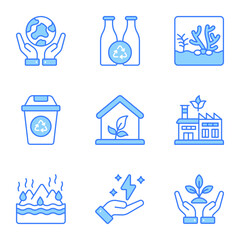 World mother earth day related icons set such as, save the world, recycle, coral, trash bin, eco house, green factory, melt, energy, plant