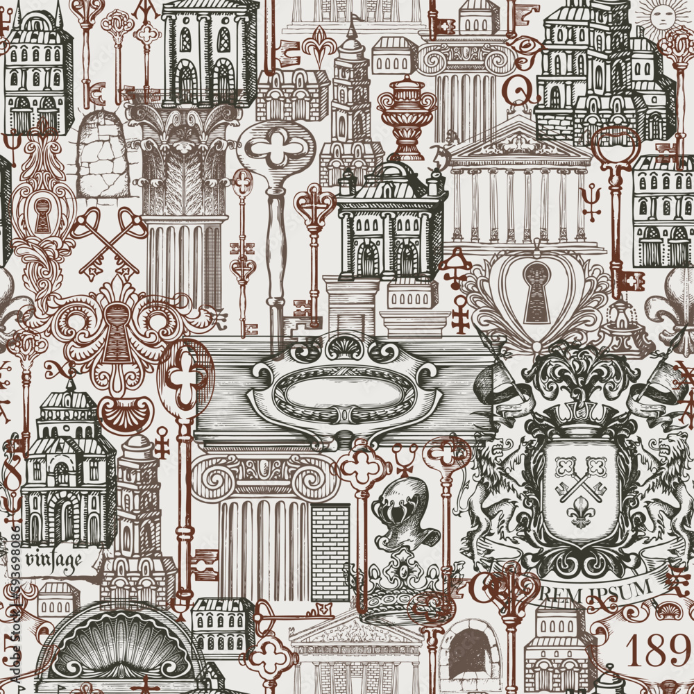 Poster abstract seamless pattern on ancient architecture and art. hand-drawn vector background with vintage