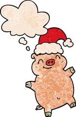 cartoon happy christmas pig and thought bubble in grunge texture pattern style
