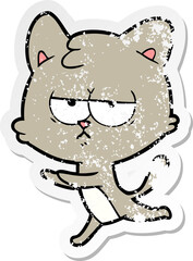 distressed sticker of a bored cartoon cat