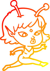 warm gradient line drawing pretty cartoon alien girl running