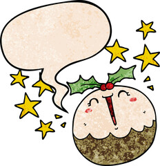 cute cartoon happy christmas pudding and speech bubble in retro texture style