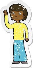 retro distressed sticker of a cartoon friendly boy waving