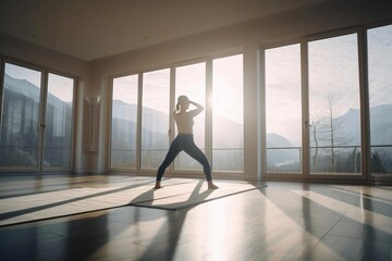 Fototapeta na wymiar young beautiful woman doing yoga in a modern bright room with large windows at sunny day. Yoga at home concept. Ai generated.