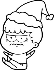 line drawing of a annoyed man wearing santa hat