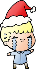 gradient cartoon of a man crying wearing santa hat