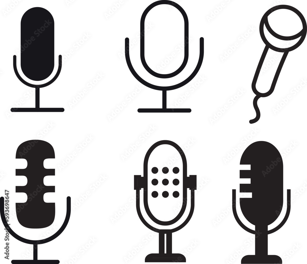Poster vector illustration of microphone icons in different styles isolated on a white background