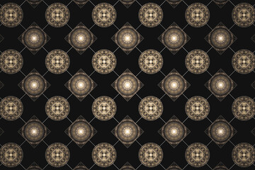 Orange checkered pattern of squares and circles on a black background. Abstract fractal 3D rendering