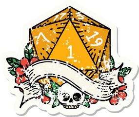 natural one d20 dice roll grunge sticker