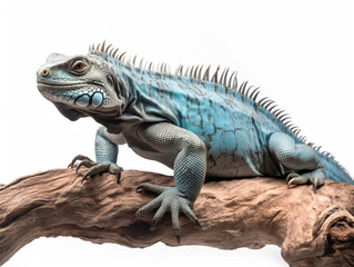 Obraz premium Studio portrait of a blue iguana on a tree branch. isolated on white background. ai generative