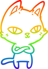 rainbow gradient line drawing cartoon cat staring