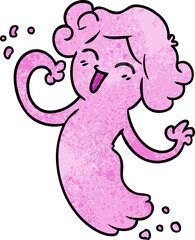 textured cartoon doodle of a happy pink ghost