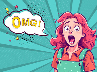 Surprised young pretty girl with open mouth in cartoon style and OMG speech bubble. Bright  blue green retro background in pop art retro comic style. Party invitation poster.