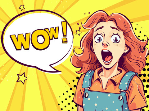 Surprised young pretty girl with open mouth in cartoon style and Wow speech bubble. Bright yellow background in pop art retro comic style. Party invitation poster.
