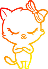 warm gradient line drawing cute cartoon cat with bow
