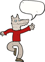 cartoon happy wolf man with speech bubble