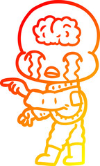warm gradient line drawing cartoon big brain alien crying and pointing