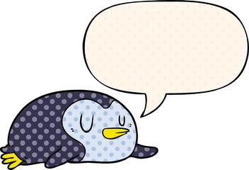cartoon penguin and speech bubble in comic book style