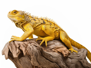 Obraz premium Studio portrait of a yellow iguana on a tree branch. isolated on white background. ai generative