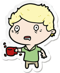 sticker of a cartoon man with cup of coffee